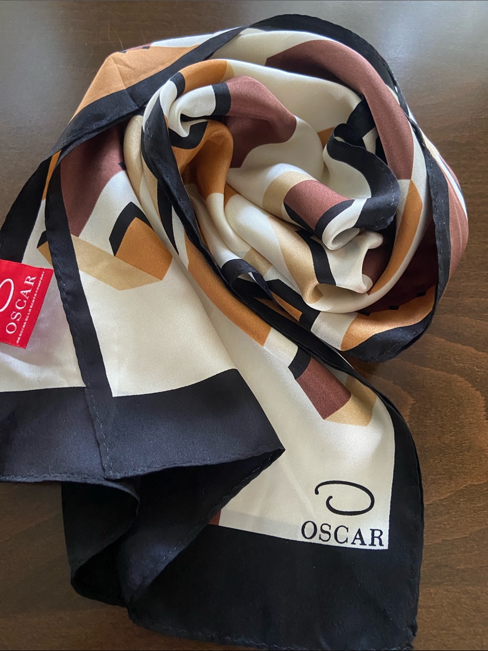 Oscar de la Renta Geometric Silk Scarf in Shades of Brown & Cream, Black Border - Picture 12 of 12